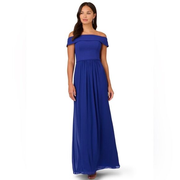 Arianna Papell Blue off shoulder Crepe Chiffon Gown Size 6 - Picture 6 of 6